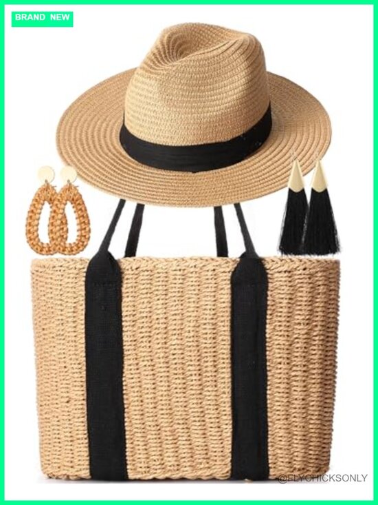 Woven Rattan Bag Sun Hat Tassel Earrings Set Summer Beach Vacation Boho main image 4
